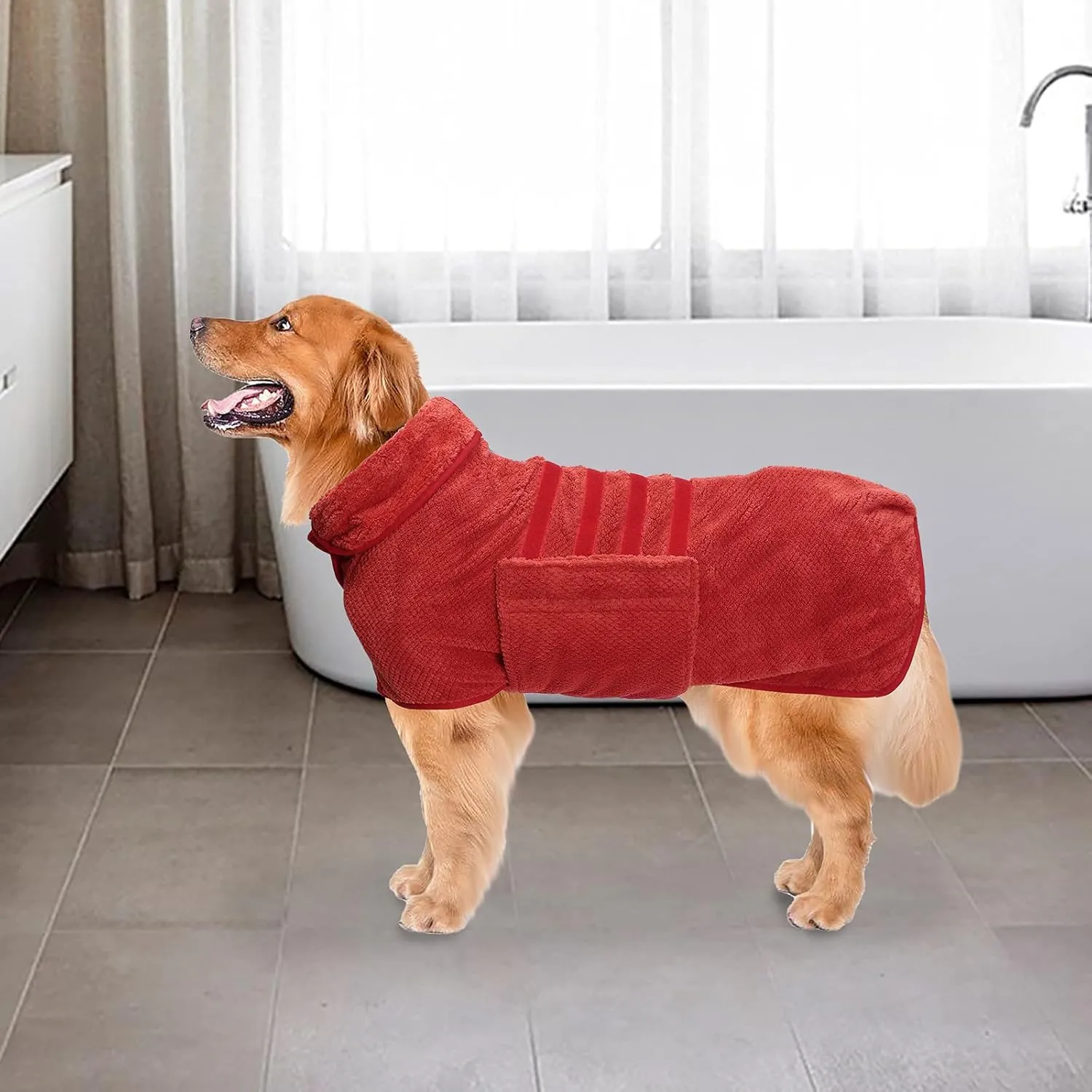 Geyecete Pineapple Grid Fast Drying Super Absorbent Dog Cat Bath Robe Towel - Red, XL