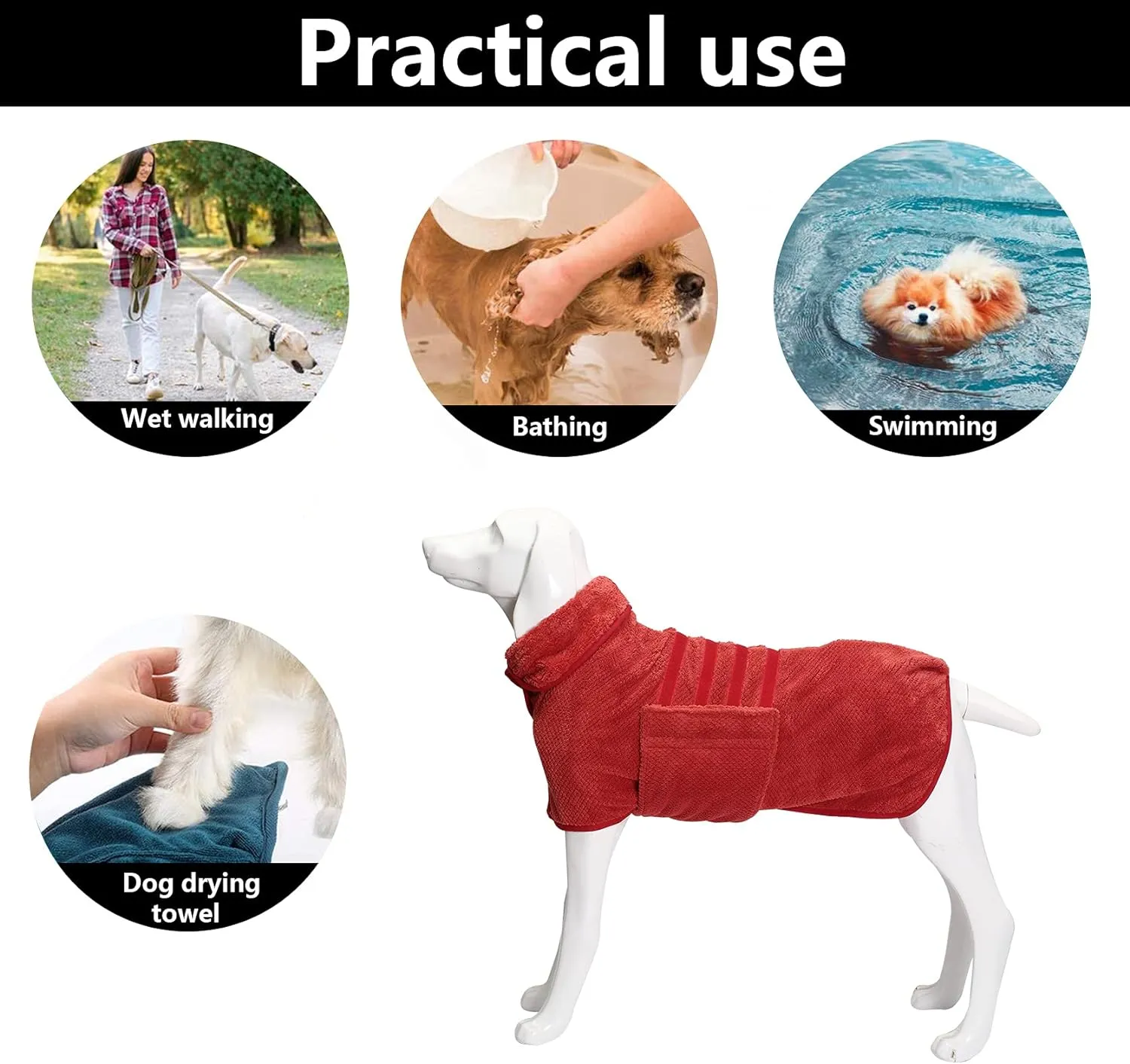 Geyecete Pineapple Grid Fast Drying Super Absorbent Dog Cat Bath Robe Towel - Red, XL