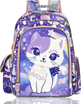 Girls Backpack Kids Backpacks for Girls Cute Cat Backpack for Girls Kawaii Backpack for Preschool Elementary Kindergarten,Light Purple Color,Large Capacity,16 Inch
