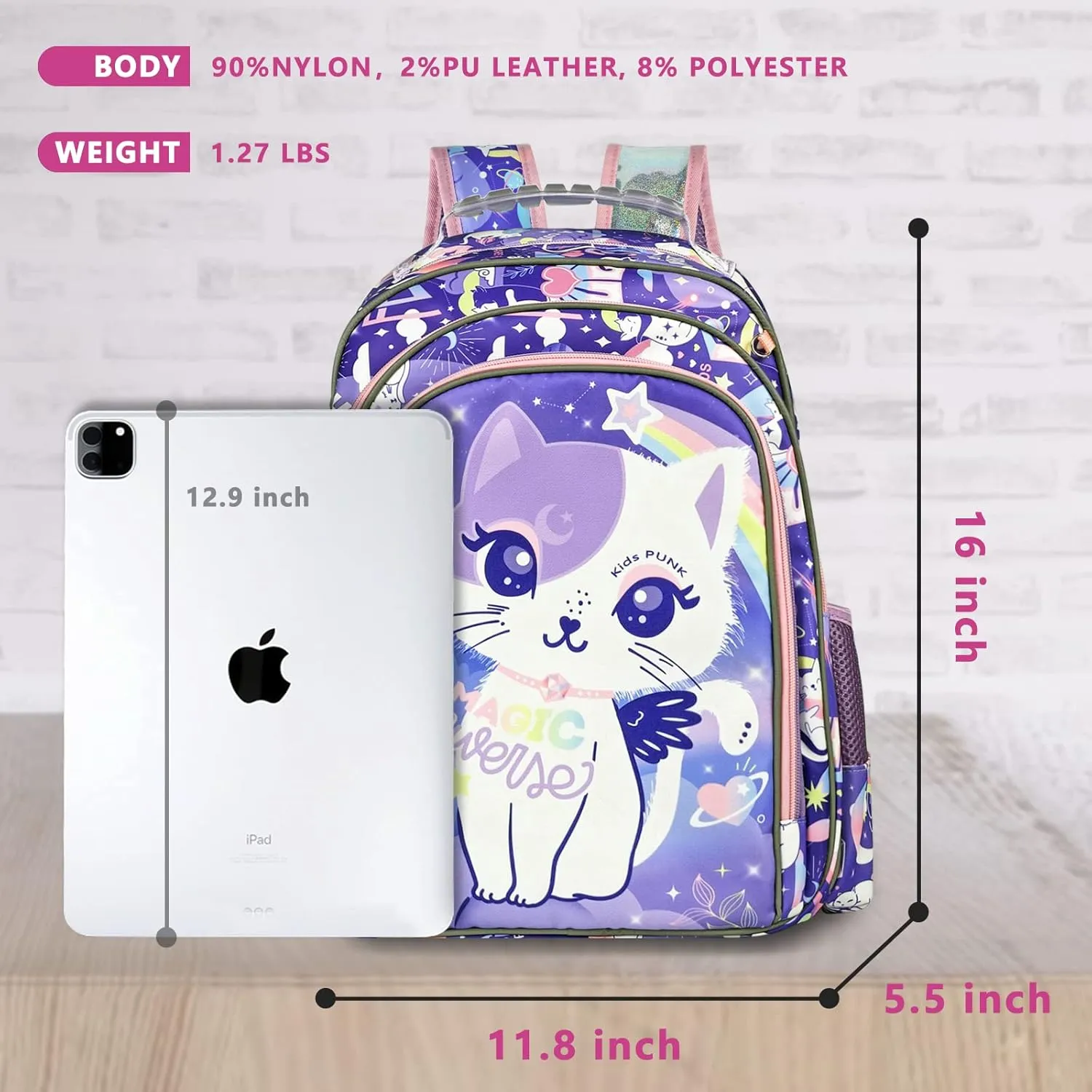 Girls Backpack Kids Backpacks for Girls Cute Cat Backpack for Girls Kawaii Backpack for Preschool Elementary Kindergarten,Light Purple Color,Large Capacity,16 Inch