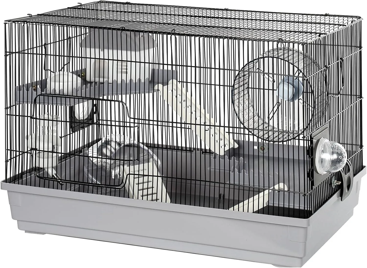 Hamster Cage Kit 22Lx12Wx15H with 2 Spacious Platforms, Exercise Wheel, Hide-House, Water Bottle, Bathtub, Ladders, Food Bowl, Black/Gray