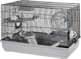 Hamster Cage Kit 22Lx12Wx15H with 2 Spacious Platforms, Exercise Wheel, Hide-House, Water Bottle, Bathtub, Ladders, Food Bowl, Black/Gray