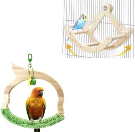 Jevnd 2-in-1 Bird Activity Set - Rocking Perch & Natural Wood Swing for Parrots - Includes Exercise Wheel & Hemp Rope Climbing Toy for Cockatiels, Conures & Budgies