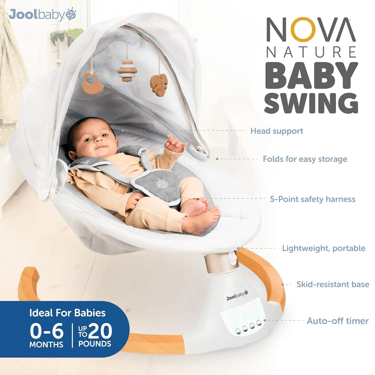 Jool Baby Nova Nature Baby Swing for Newborns  Natural Wood Toys, Electric Motorized Infant Swing, Bluetooth Music