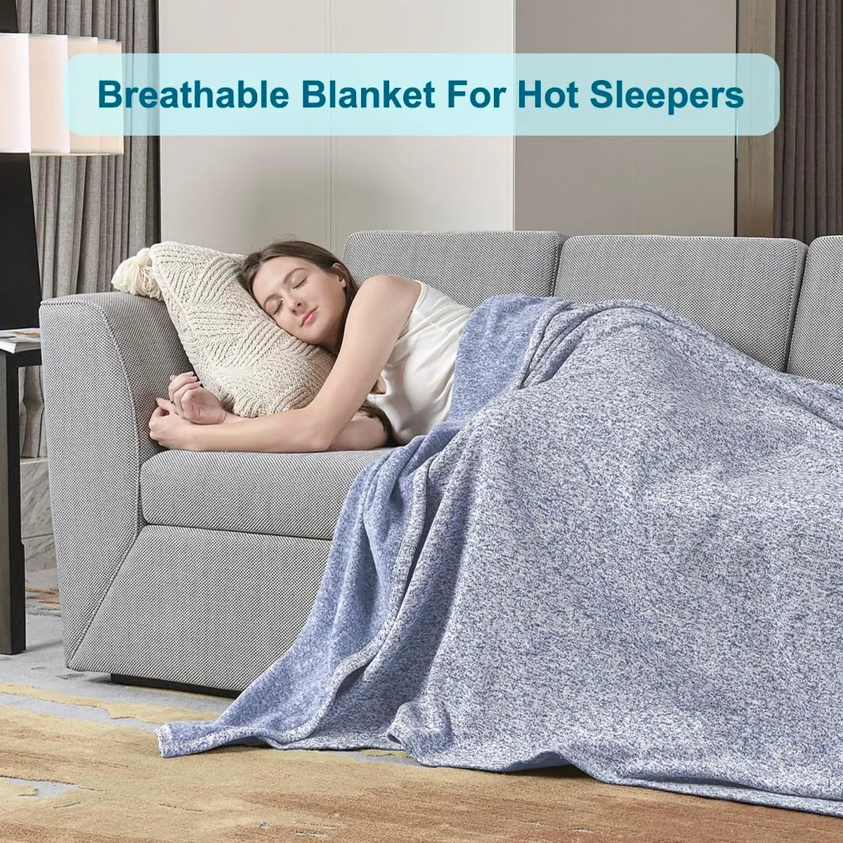 KAWAHOME Summer Sweatshirt Throw Blanket for Bed-Lightweight Breathable Blankets,Soft Thin Knit Jersey Throw Blanket for Hot Sleepers,50 X 60 Inches, Heather Blue