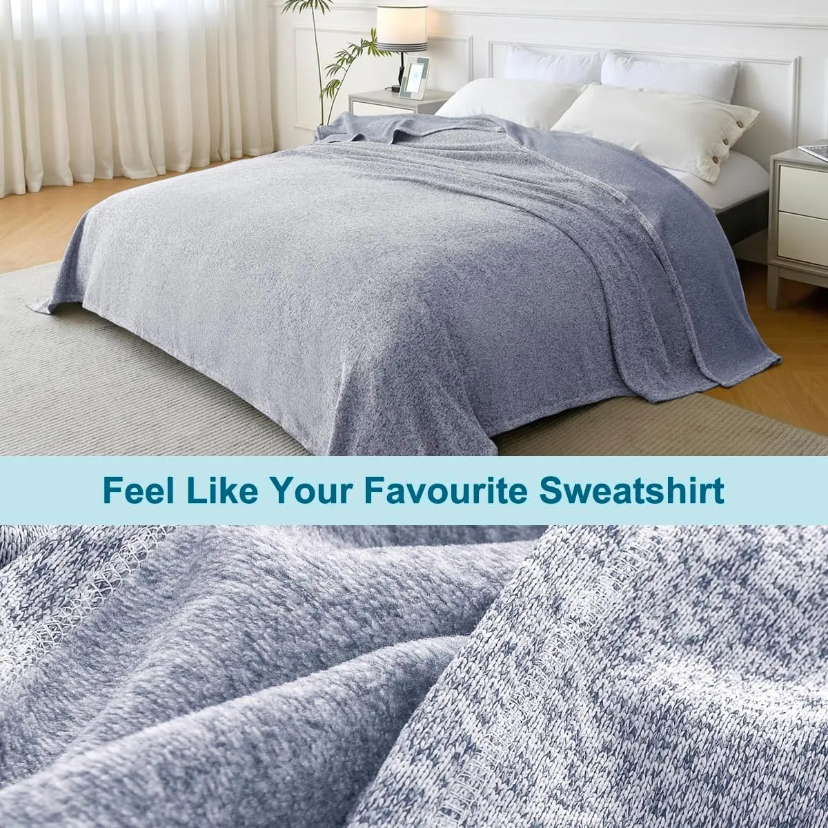 KAWAHOME Summer Sweatshirt Throw Blanket for Bed-Lightweight Breathable Blankets,Soft Thin Knit Jersey Throw Blanket for Hot Sleepers,50 X 60 Inches, Heather Blue