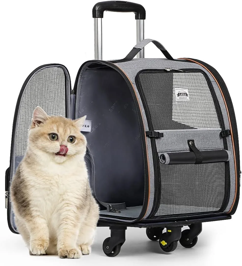 Lekebobor Wheeled Pet Carrier Backpack Pet Rolling Carrier Backpack for Small Dogs Medium Cats Fit up 18lbs with Removable Wheels,Airline Approved Puppies Backpack,Grey