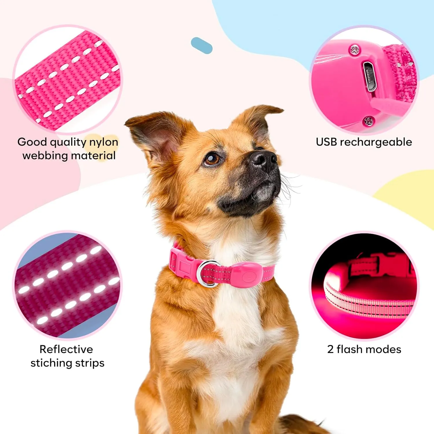 Light Up Dog Collar - Reflective LED Puppy Collar Rechargeable, Glow in The Dark Cat Collar Safety Dog Lights for Night Walking (XS, Pink)
