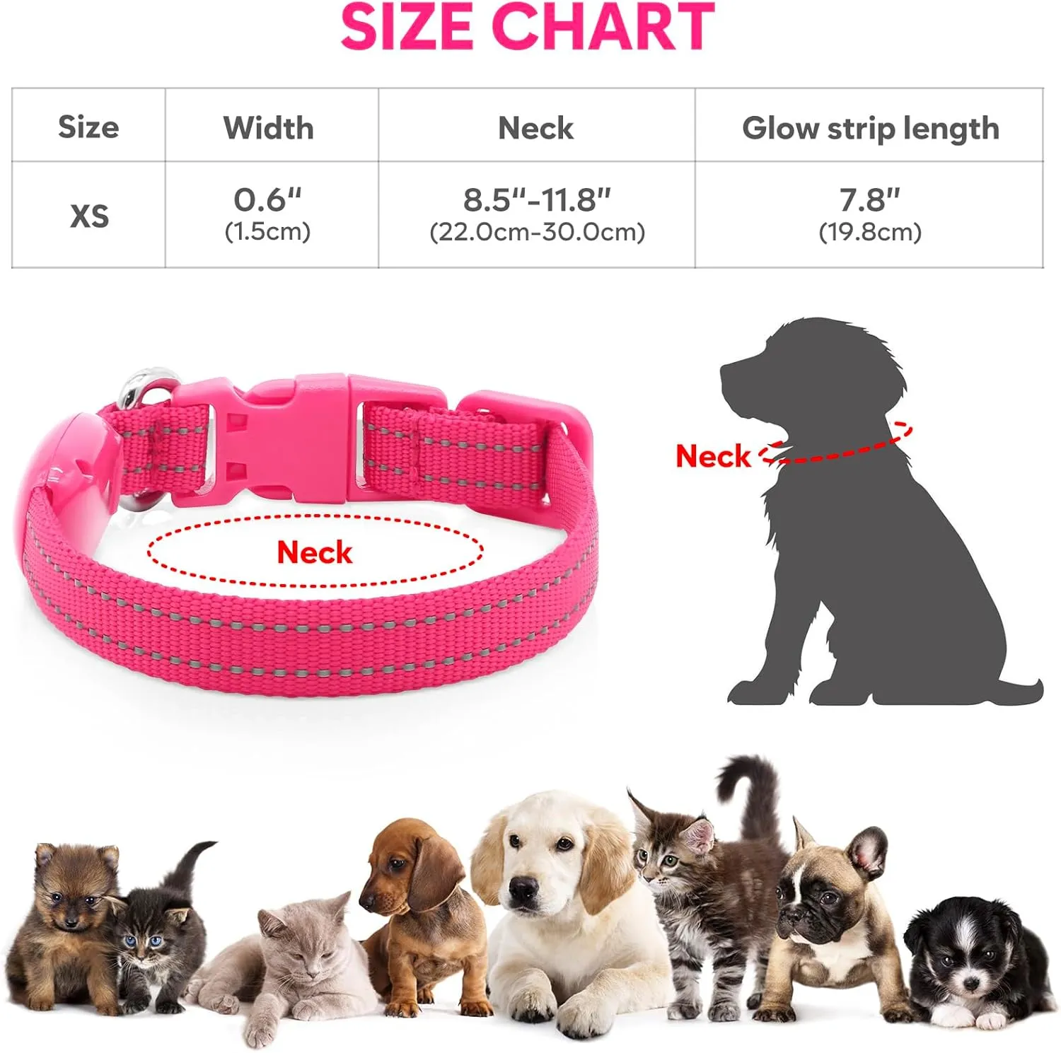 Light Up Dog Collar - Reflective LED Puppy Collar Rechargeable, Glow in The Dark Cat Collar Safety Dog Lights for Night Walking (XS, Pink)