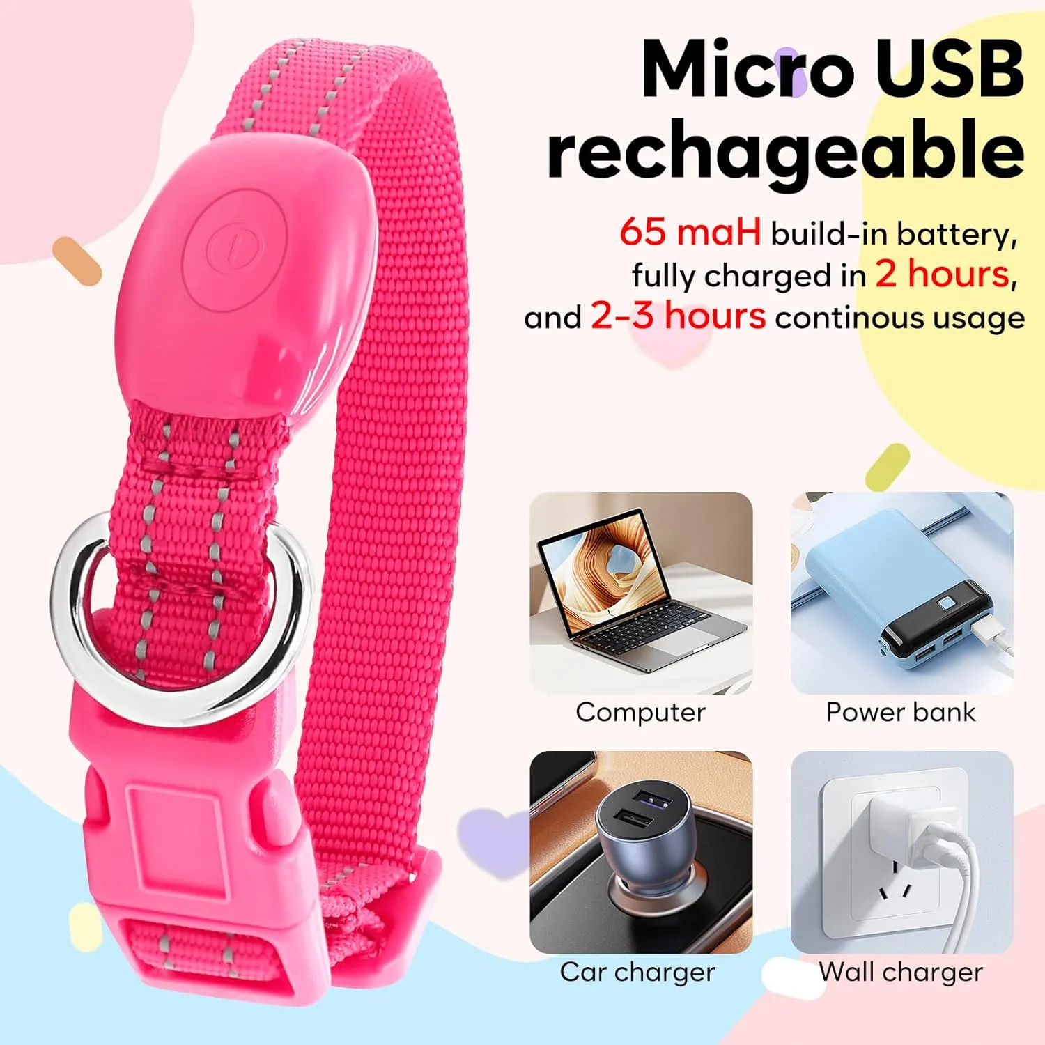 Light Up Dog Collar - Reflective LED Puppy Collar Rechargeable, Glow in The Dark Cat Collar Safety Dog Lights for Night Walking (XS, Pink)