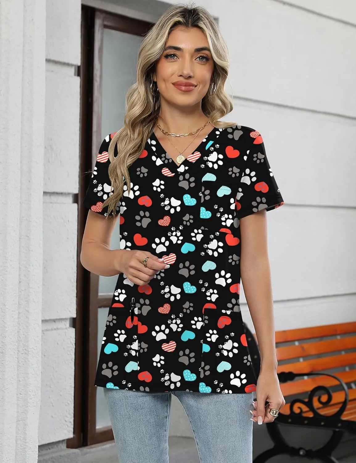 LOMON Scrubs for Women V Neck Printed Scrub Tops Soft Knit Nurse Uniform Shirts with 3 Pockets