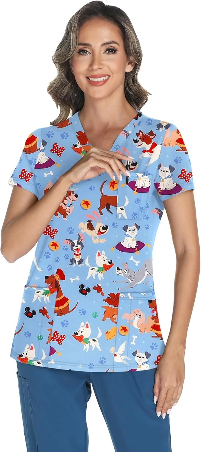 LOMON Scrubs for Women V Neck Printed Scrub Tops Soft Knit Nurse Uniform Shirts with 3 Pockets