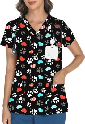 LOMON Scrubs for Women V Neck Printed Scrub Tops Soft Knit Nurse Uniform Shirts with 3 Pockets