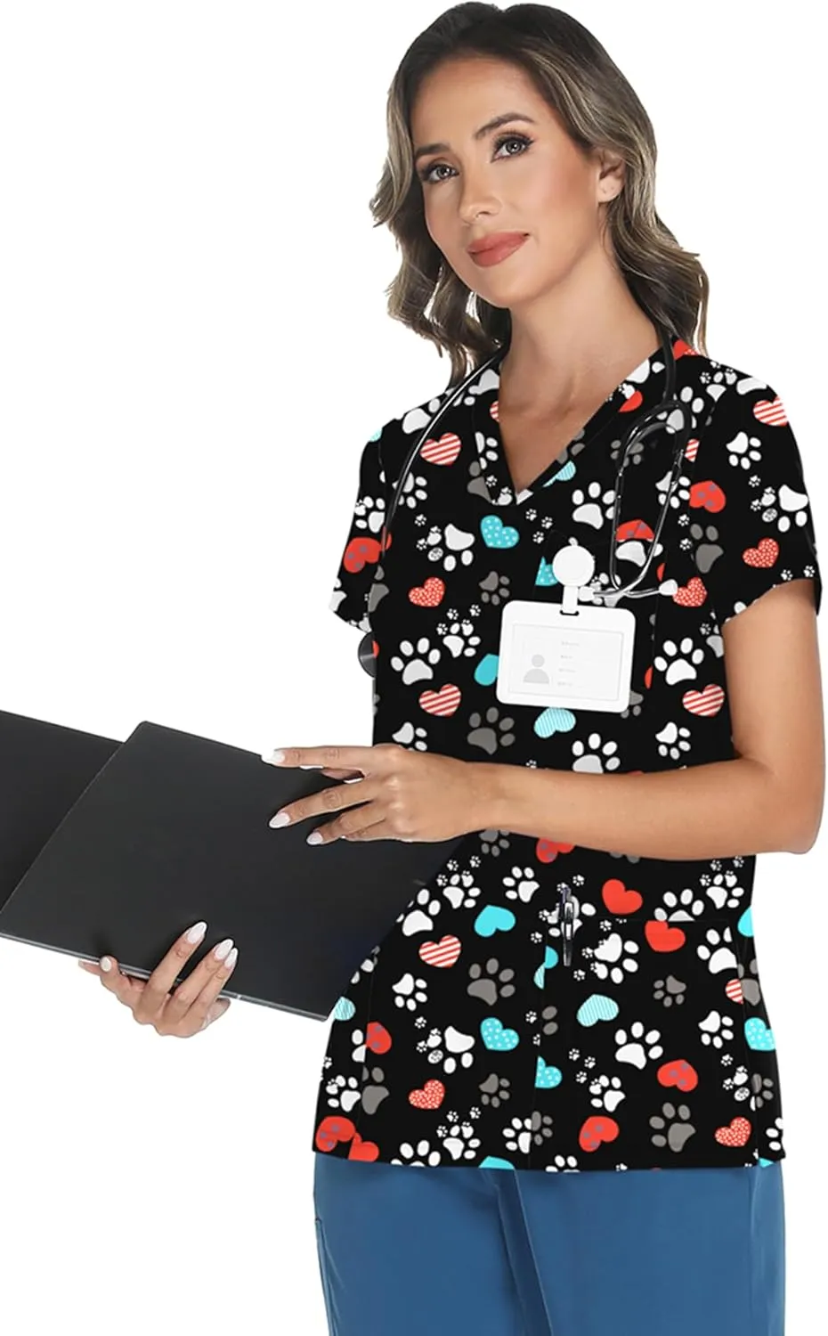LOMON Scrubs for Women V Neck Printed Scrub Tops Soft Knit Nurse Uniform Shirts with 3 Pockets