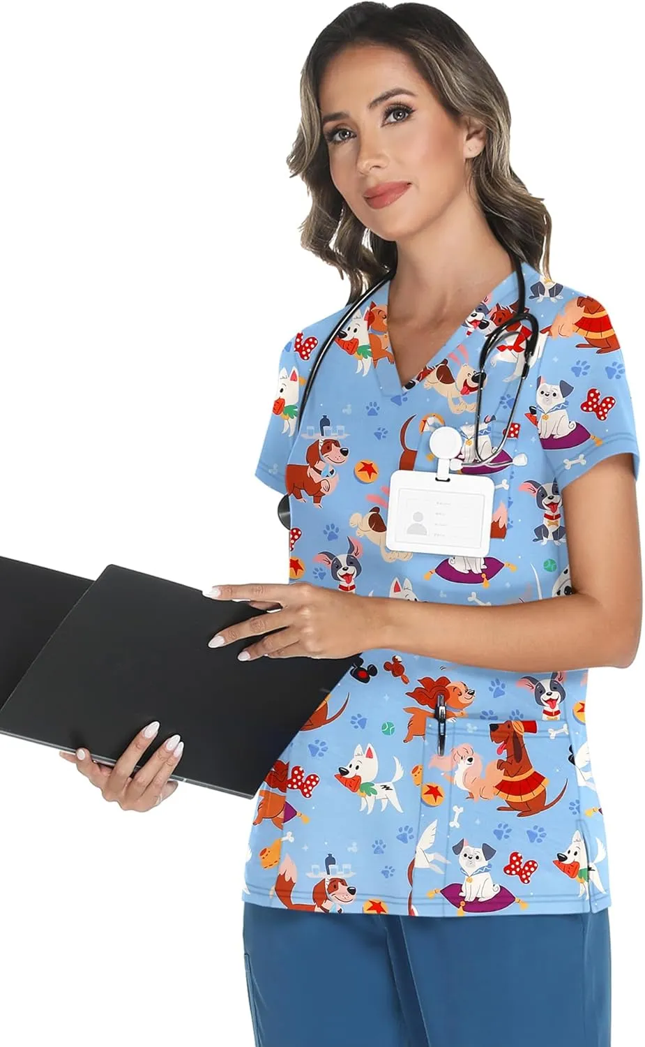 LOMON Scrubs for Women V Neck Printed Scrub Tops Soft Knit Nurse Uniform Shirts with 3 Pockets