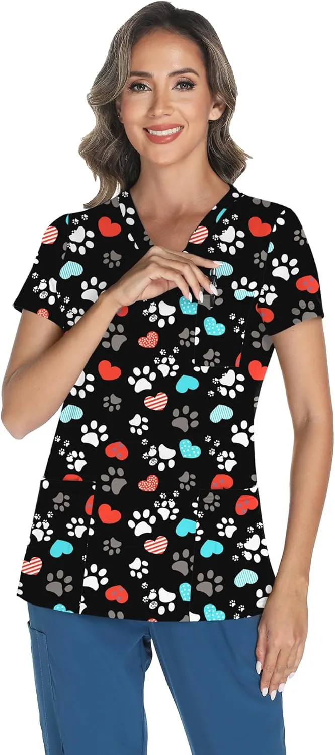 LOMON Scrubs for Women V Neck Printed Scrub Tops Soft Knit Nurse Uniform Shirts with 3 Pockets