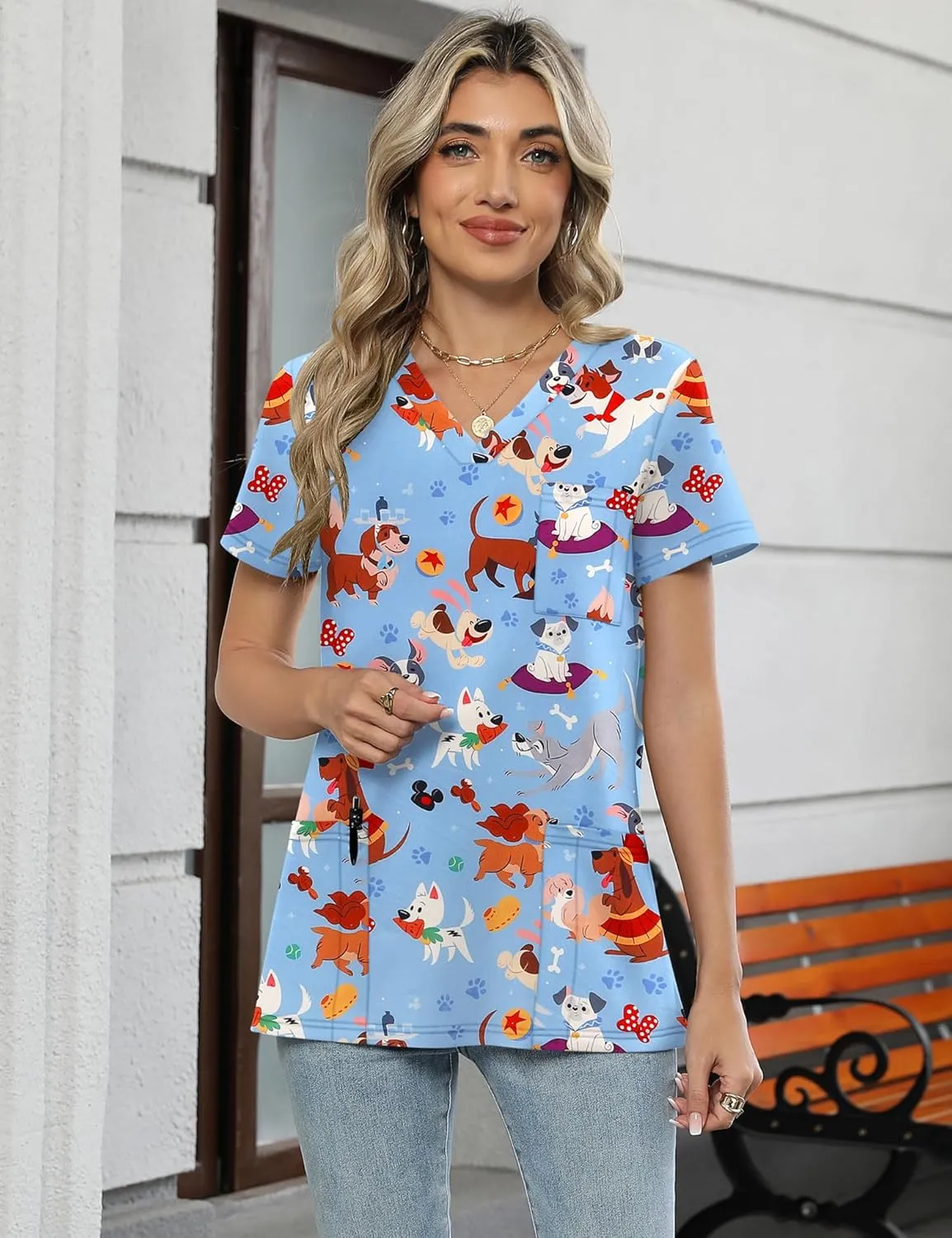 LOMON Scrubs for Women V Neck Printed Scrub Tops Soft Knit Nurse Uniform Shirts with 3 Pockets