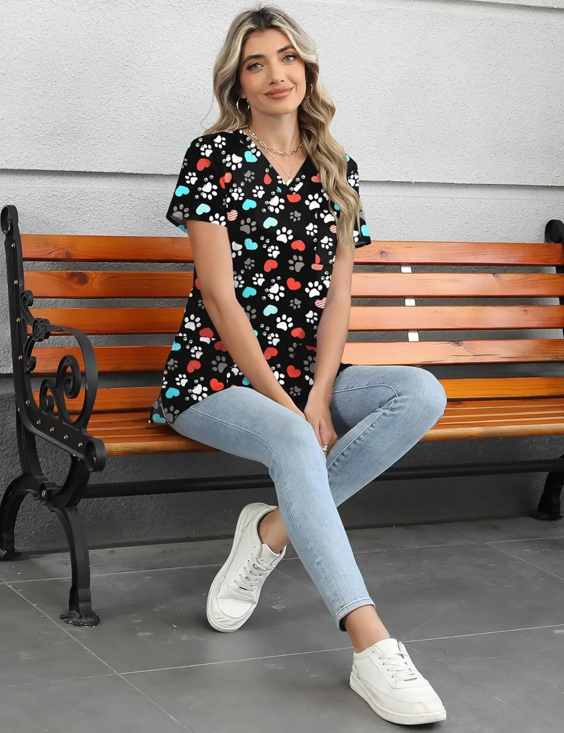 LOMON Scrubs for Women V Neck Printed Scrub Tops Soft Knit Nurse Uniform Shirts with 3 Pockets