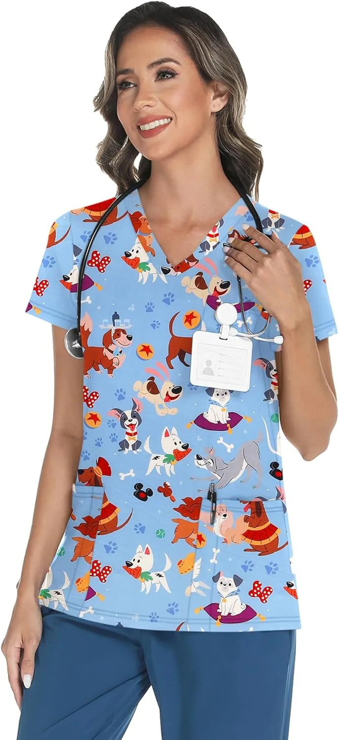 LOMON Scrubs for Women V Neck Printed Scrub Tops Soft Knit Nurse Uniform Shirts with 3 Pockets