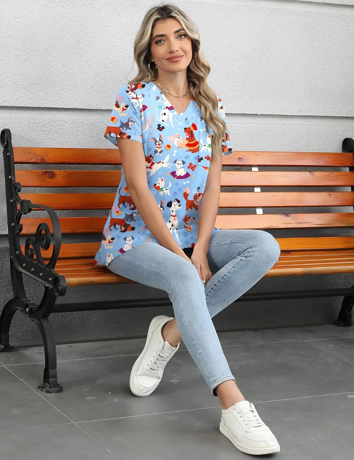 LOMON Scrubs for Women V Neck Printed Scrub Tops Soft Knit Nurse Uniform Shirts with 3 Pockets