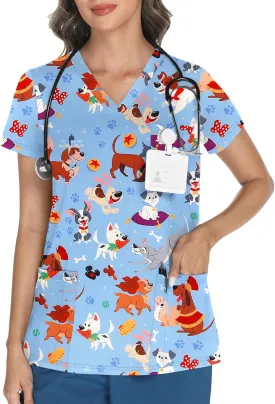 LOMON Scrubs for Women V Neck Printed Scrub Tops Soft Knit Nurse Uniform Shirts with 3 Pockets