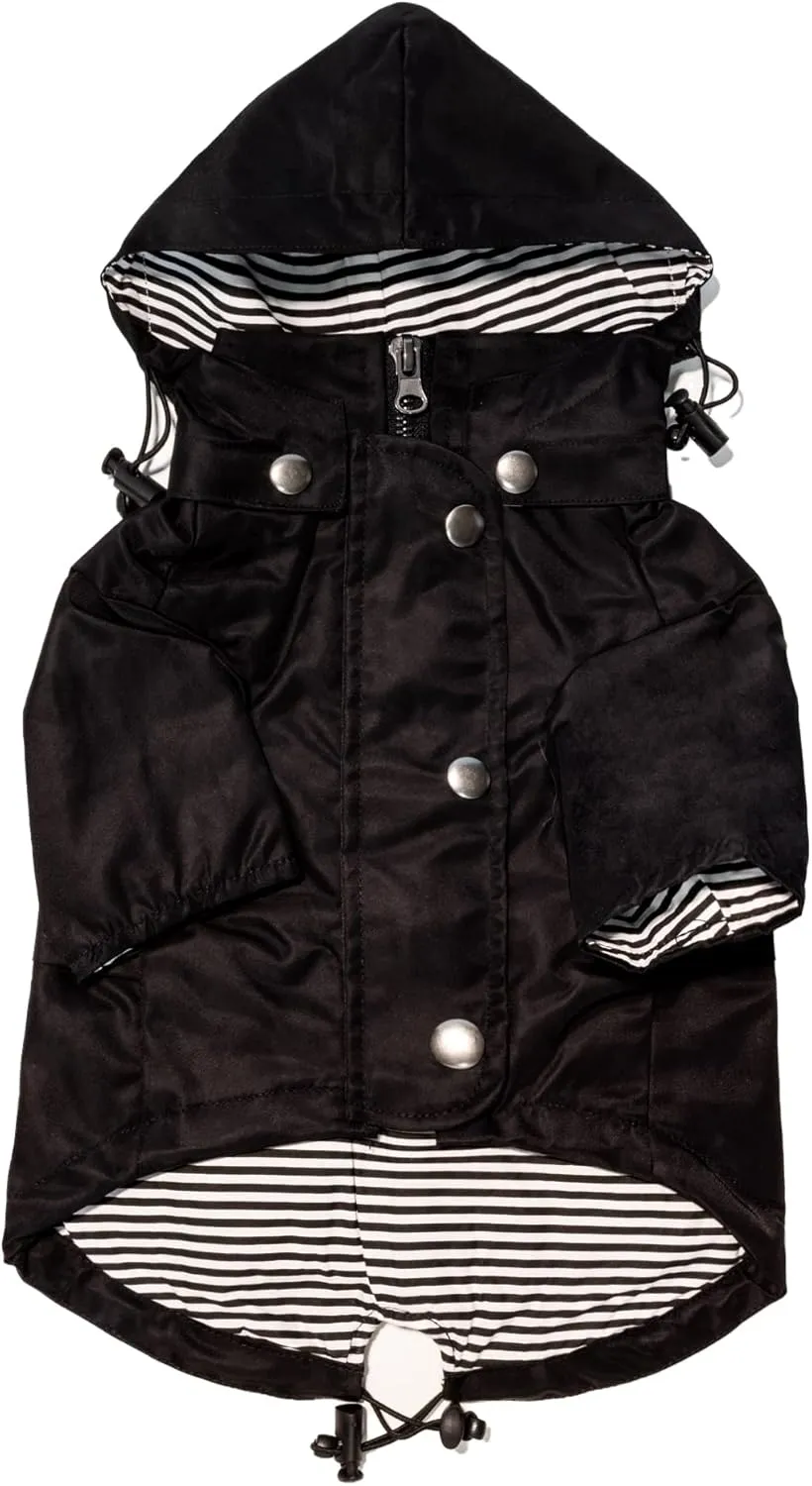 Midnight Black Zip Up Dog Raincoat with Reflective Buttons, Pockets, Rain/Water Resistant, Adjustable Drawstring, & Removable Hood - XXS to XXL - Premium Dog Raincoats (X-Small, Black)
