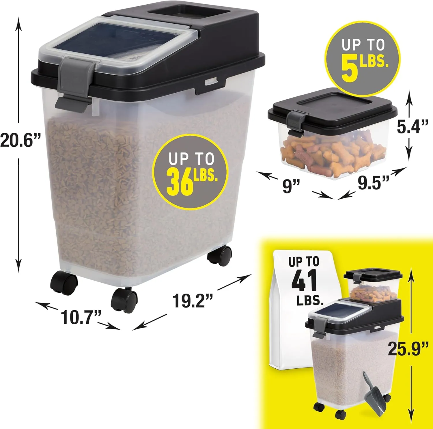 Mighty Tuff 3 Piece Airtight Dog Food Storage Container, Up to 36 lbs, with 5 lbs Dog Treat Container and Portion Scoop  BPA Free Airtight Pet Food Bin on Wheels