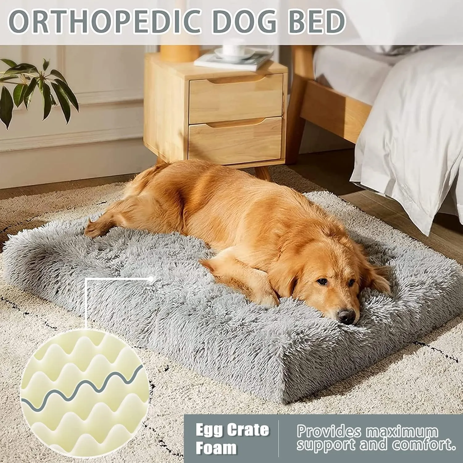 MIHIKK Extra Large Dog Bed, XXL Orthopedic Egg Crate Foam Dog Mattress with Removable Washable Cover, Waterproof Nonskid Bottom, Comfy Anti Anxiety Pet Bed, 47x29 inch, Gray