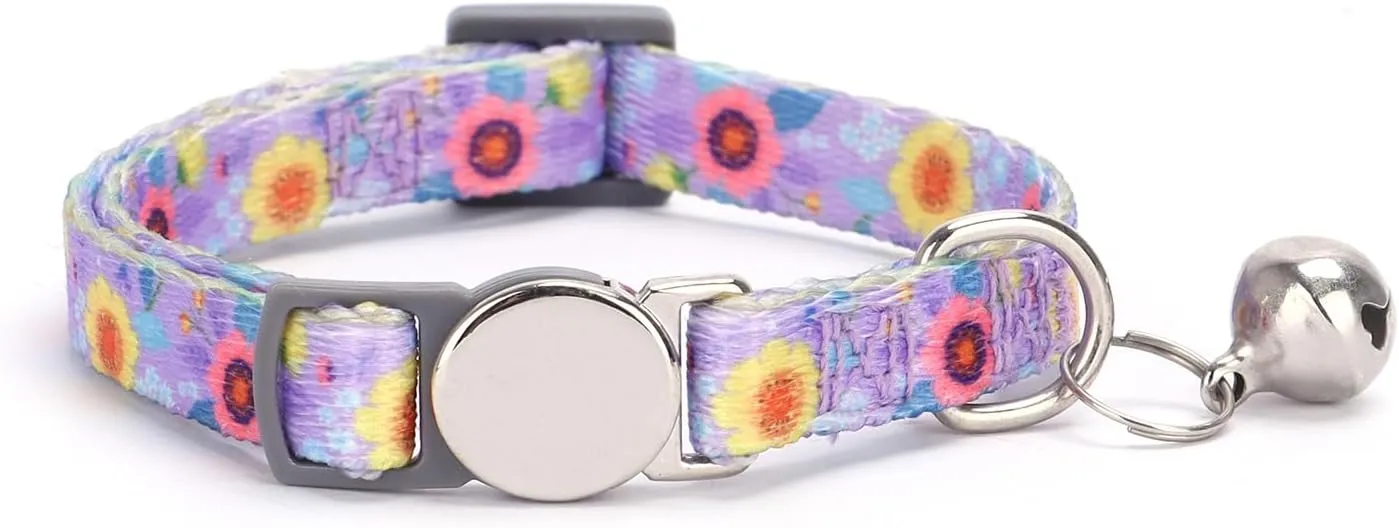 Moonpet Custom Personalized Breakaway Kitten Cat Collar with ID Name Phone Number Tag Plate/Customized Engraved Floral Pattern Boy Girl Cat Kitten Collar with Bell-Purple Flower