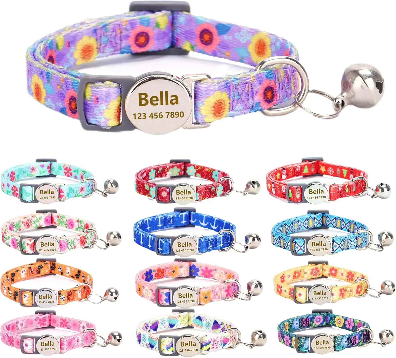 Moonpet Custom Personalized Breakaway Kitten Cat Collar with ID Name Phone Number Tag Plate/Customized Engraved Floral Pattern Boy Girl Cat Kitten Collar with Bell-Purple Flower