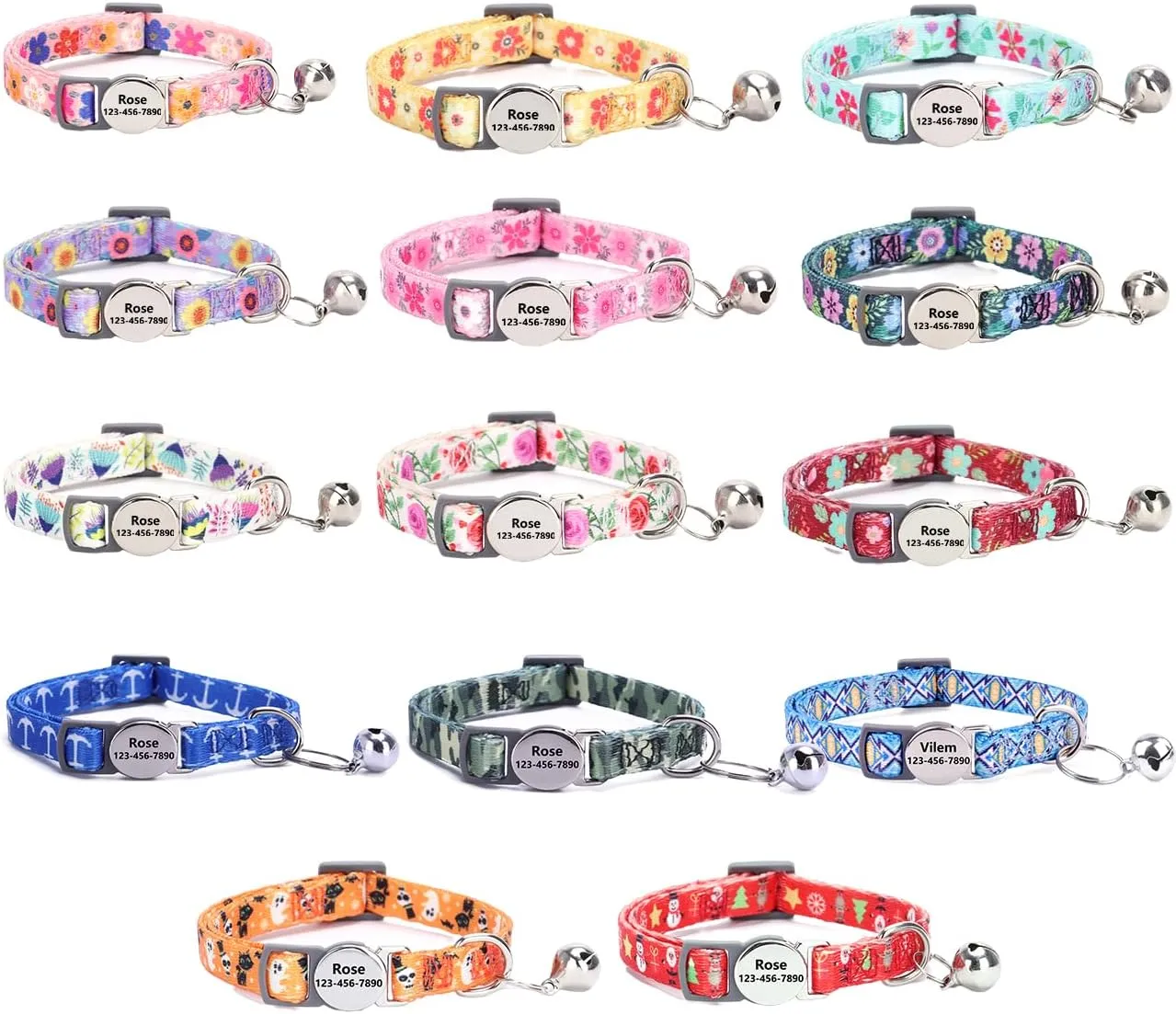Moonpet Custom Personalized Breakaway Kitten Cat Collar with ID Name Phone Number Tag Plate/Customized Engraved Floral Pattern Boy Girl Cat Kitten Collar with Bell-Purple Flower