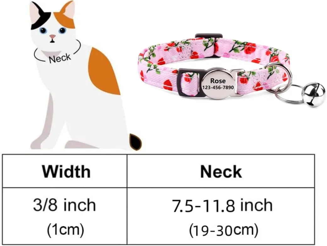 Moonpet Custom Personalized Breakaway Kitten Cat Collar with ID Name Phone Number Tag Plate/Customized Engraved Floral Pattern Boy Girl Cat Kitten Collar with Bell-Purple Flower