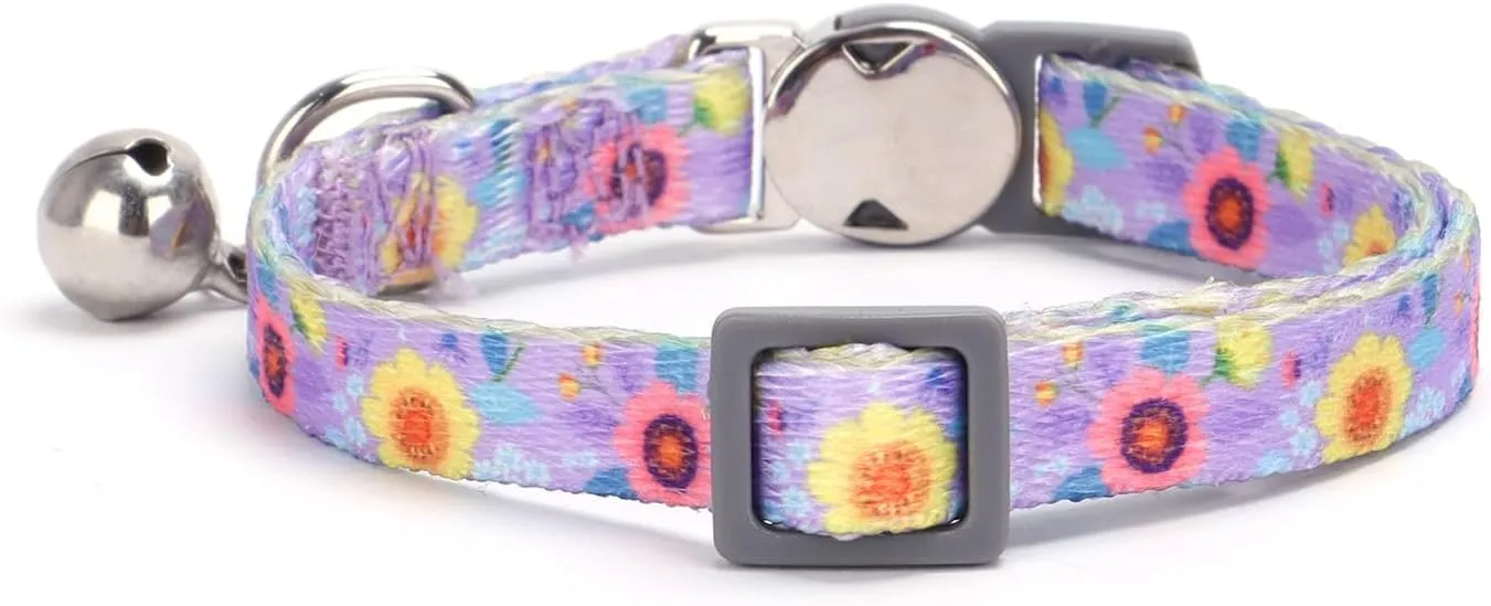 Moonpet Custom Personalized Breakaway Kitten Cat Collar with ID Name Phone Number Tag Plate/Customized Engraved Floral Pattern Boy Girl Cat Kitten Collar with Bell-Purple Flower