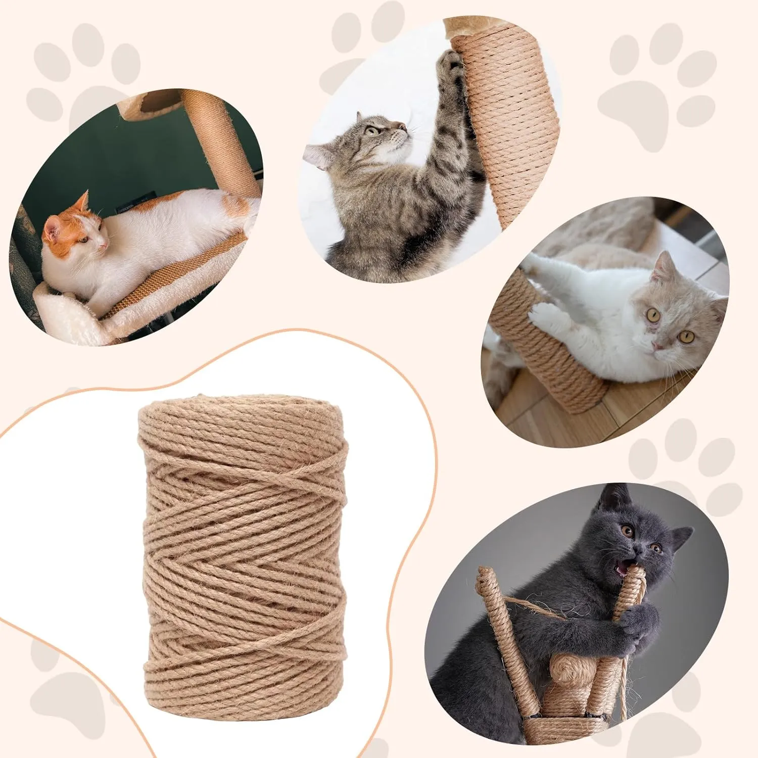 Natural Sisal Rope for Cat Scratcher,Cat Tree Rope Twine for Cat Scratching Post Replacement, Cat Tower with Scratch Post Repairing, Replace, Recovering and DIY1/4 Inch by 165 Feet