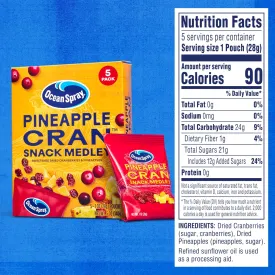 Ocean Spray Pineapple Cran Snack Medley, Cranberry and Pineapple Dried Fruit Snack, 1 Oz Pouches, 5 Count (Pack of 2)