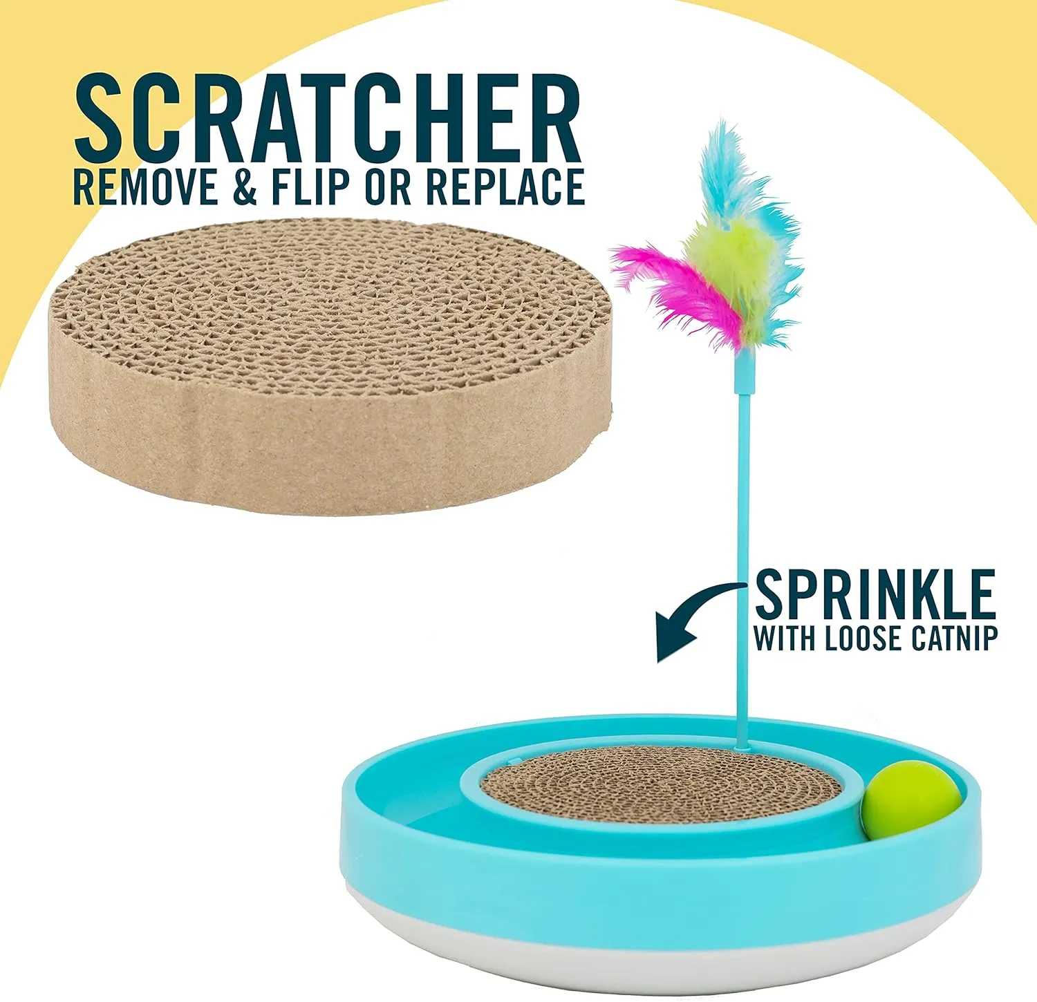 OurPets Wobble Scratch Track Cat Toy - Interactive Cat Toys for Indoor Cats with Ball Track That Rolls; Feather Wand and Scratcher Pad. Great as a Kitten Toy for Self Play to Keep Them Busy