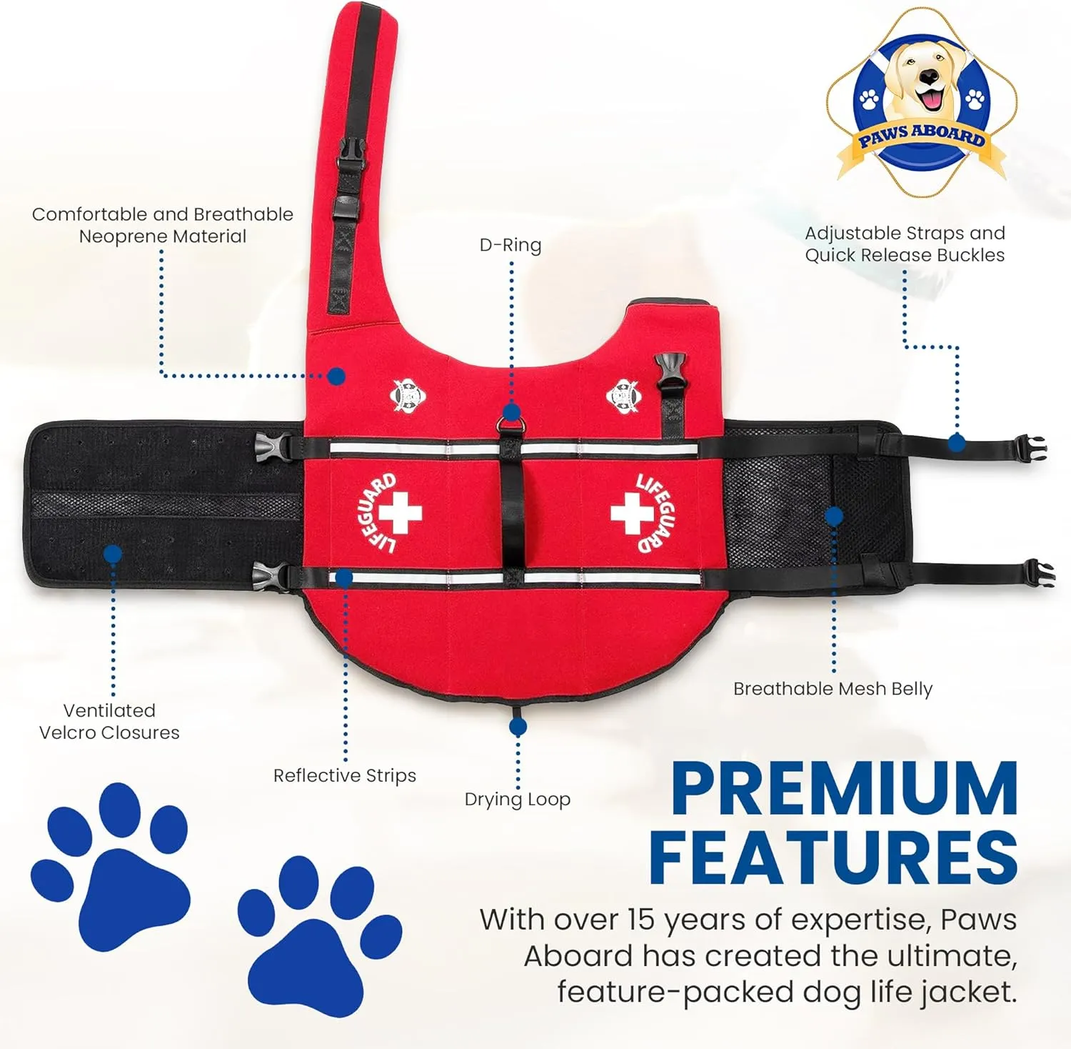 Paws Aboard Dog Life Jacket - Keep Your Canine Safe with a Neoprene Life Vest for Swimming and Boating - Available in Different Sizes, Color and Design to Choose - Red, Small