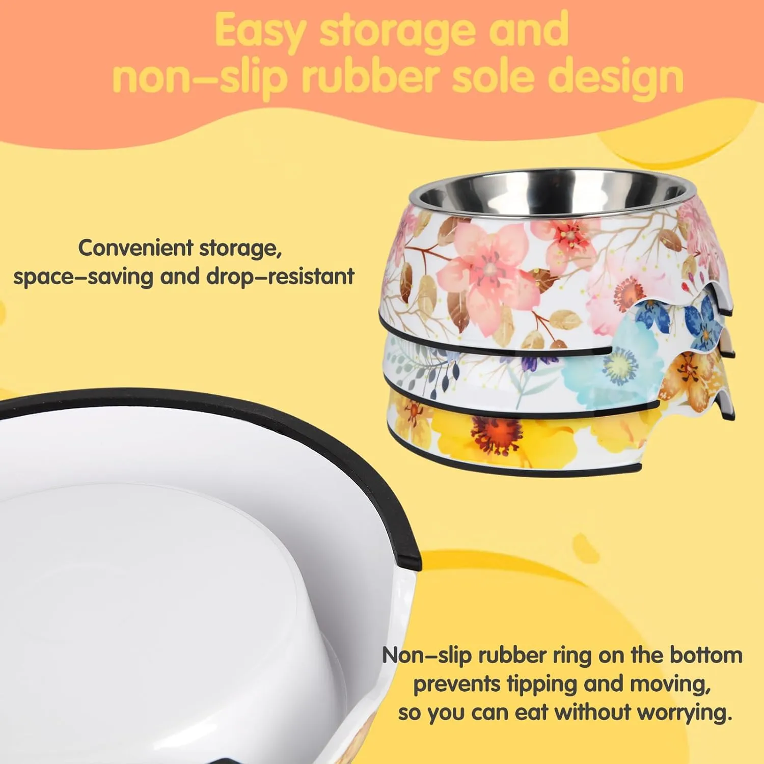 Pet Cats Dogs 2 in 1 Food Water Bowls - Non Slip Skid Proof Heavy Duty Pet Cats Dog Food Water Bowls for Feeding Drinking Small Medium Large Dogs Cats Puppies (Pink Flower, M:14 OZ)