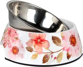 Pet Cats Dogs 2 in 1 Food Water Bowls - Non Slip Skid Proof Heavy Duty Pet Cats Dog Food Water Bowls for Feeding Drinking Small Medium Large Dogs Cats Puppies (Pink Flower, M:14 OZ)