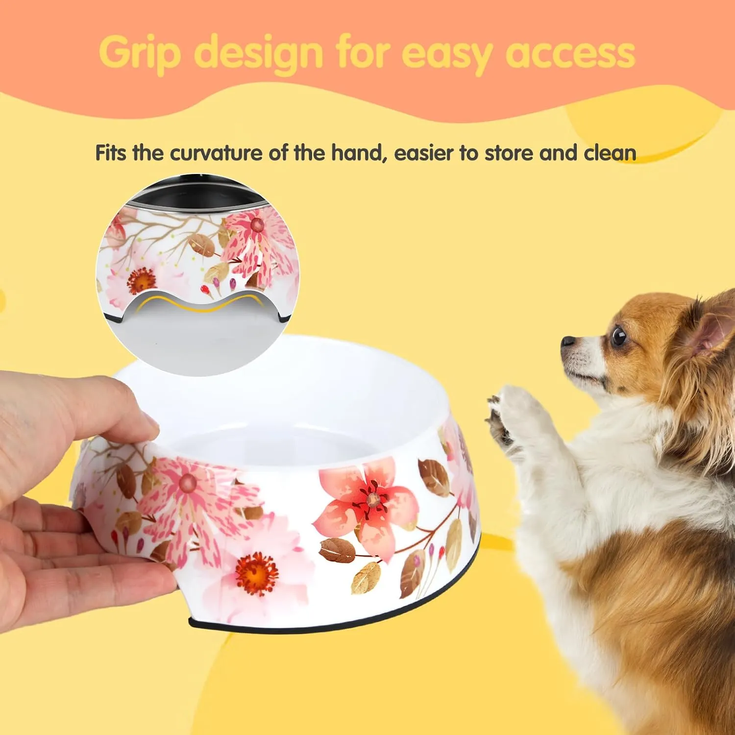 Pet Cats Dogs 2 in 1 Food Water Bowls - Non Slip Skid Proof Heavy Duty Pet Cats Dog Food Water Bowls for Feeding Drinking Small Medium Large Dogs Cats Puppies (Pink Flower, M:14 OZ)