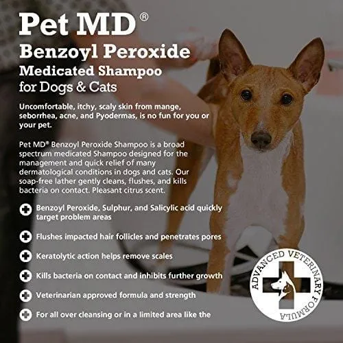 Pet MD Benzoyl Peroxide Medicated Shampoo for Dogs and Cats, Effective for Seborhhea, Dandruff, Mange, Itch Relief, Acne and Folliculitis, Citrus Scent, 12 oz.