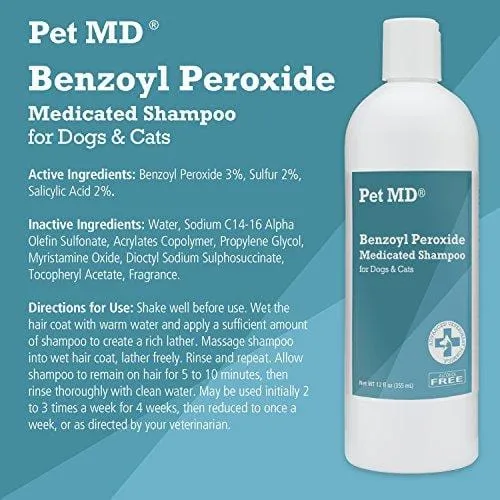 Pet MD Benzoyl Peroxide Medicated Shampoo for Dogs and Cats, Effective for Seborhhea, Dandruff, Mange, Itch Relief, Acne and Folliculitis, Citrus Scent, 12 oz.