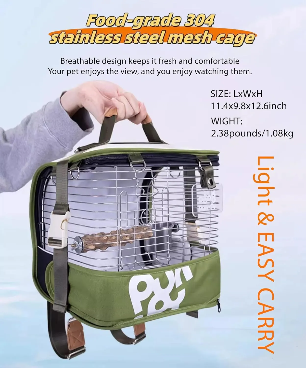 Portable Bird Travel Cage Backpack  Durable Stainless Steel Mesh Carrier with Stand/Tray, for Parrots, Cockatiels, Conures, and Parakeets  Perfect for Outdoor Adventures (Green)