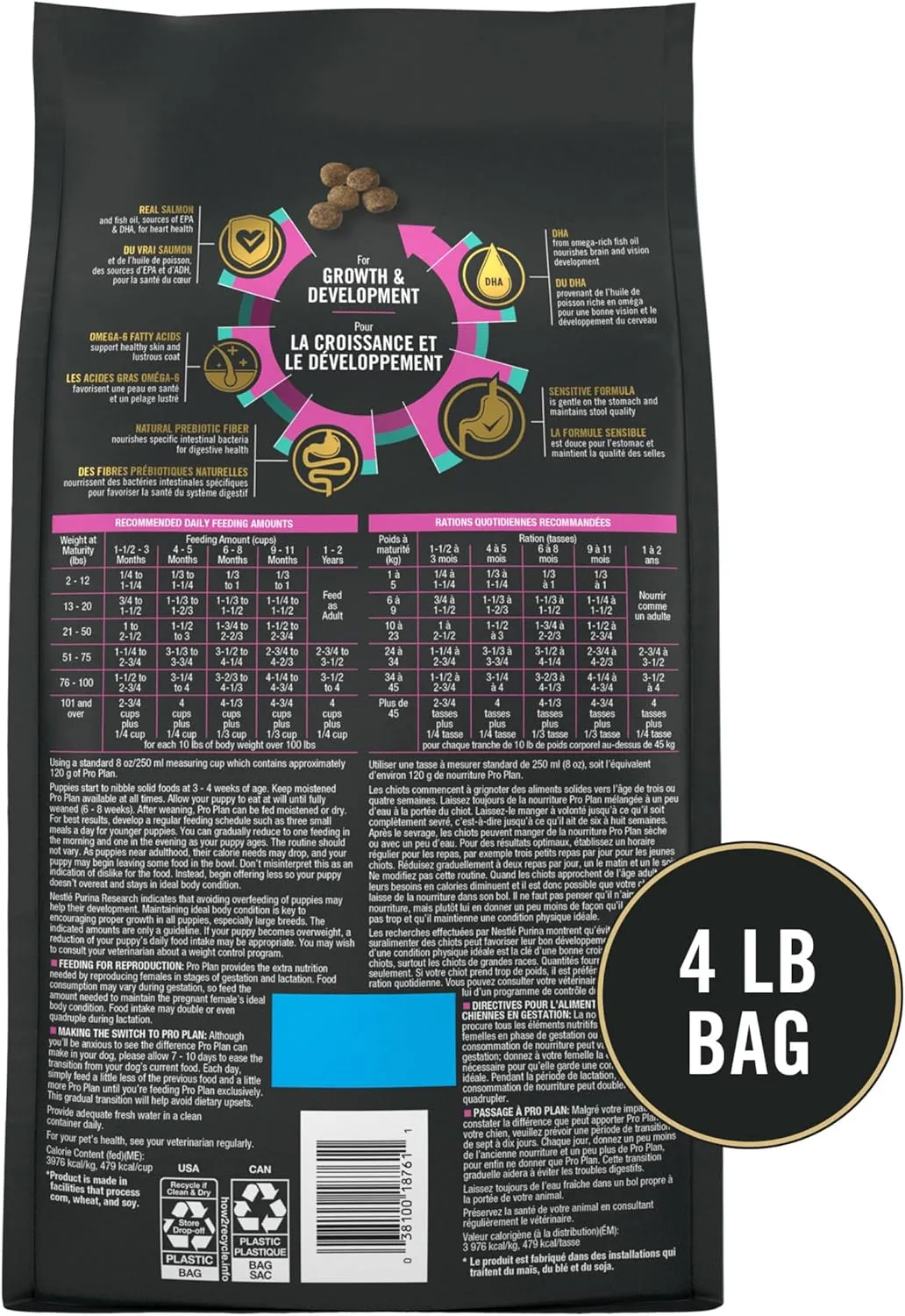 Purina Pro Plan Sensitive Skin and Stomach Dog Food Puppy Salmon and Rice Formula - 4 lb. Bag