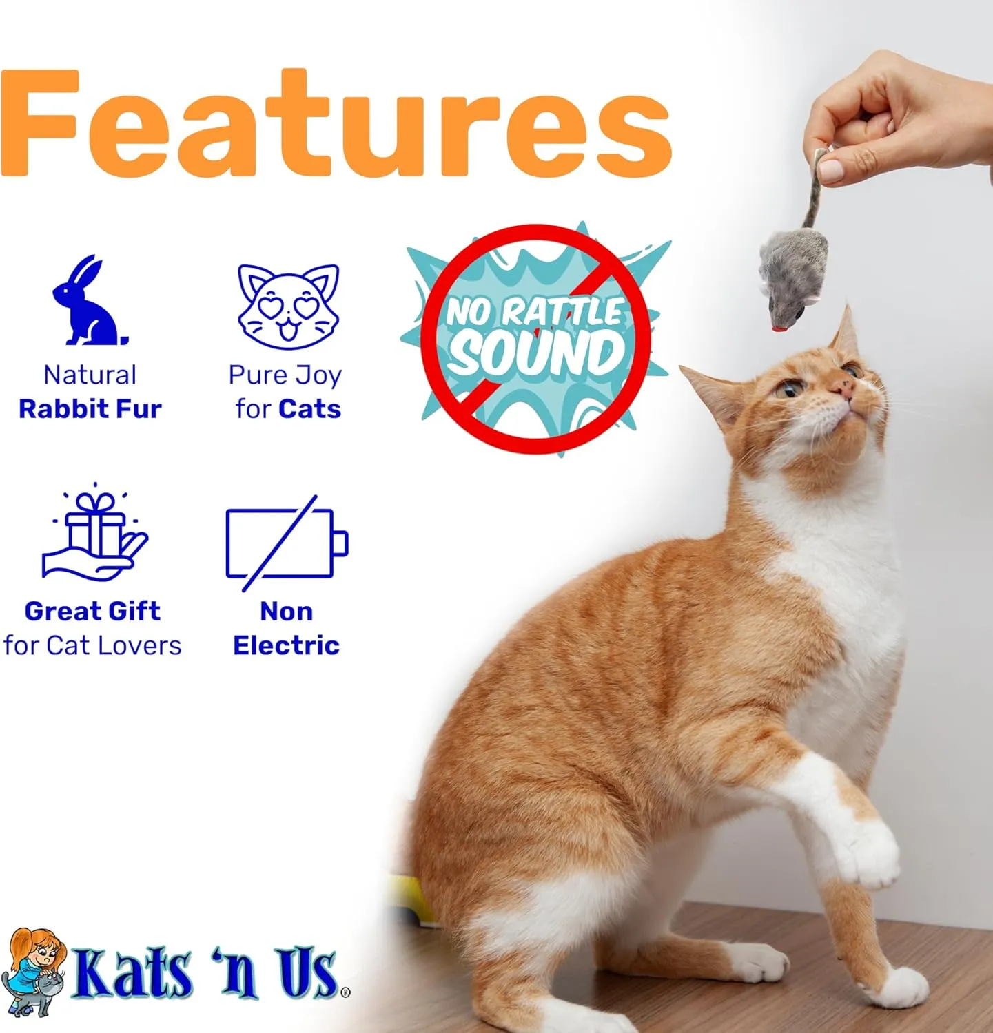 Real Rabbit Fur Mouse Cat Toy - Hard Body - Interactive Cat Toys, Real Fur Mice, 5 Pack Gray NO Rattle