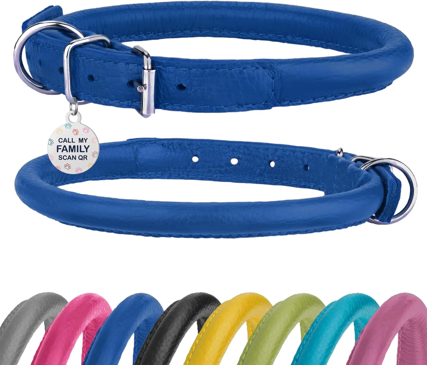 Rolled Leather Dog Collar Soft Round Collars, ID Tag for Small Medium Large Dogs (14-17 inch, Royal Blue)