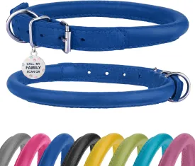 Rolled Leather Dog Collar Soft Round Collars, ID Tag for Small Medium Large Dogs (14-17 inch, Royal Blue)