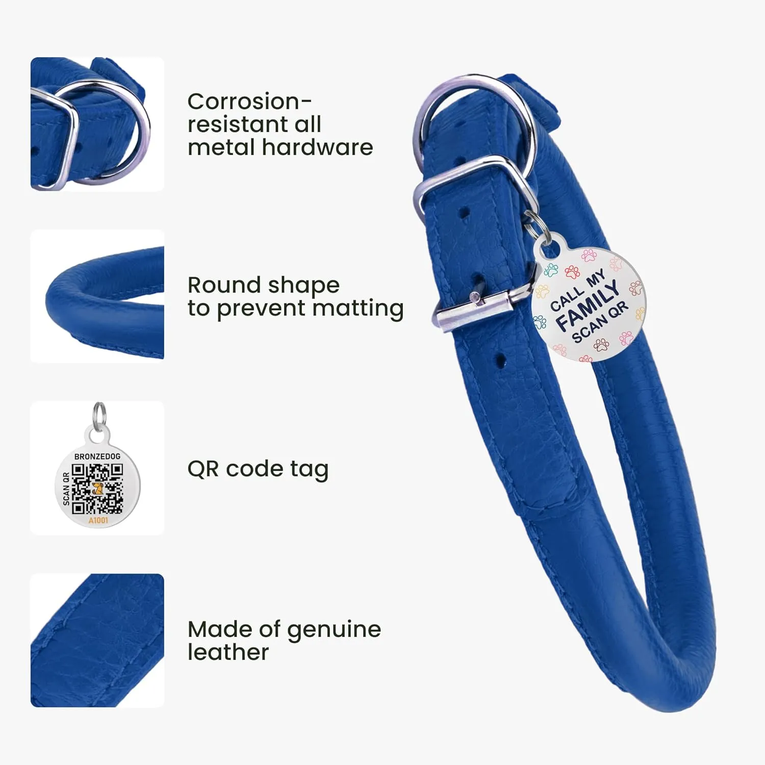 Rolled Leather Dog Collar Soft Round Collars, ID Tag for Small Medium Large Dogs (14-17 inch, Royal Blue)