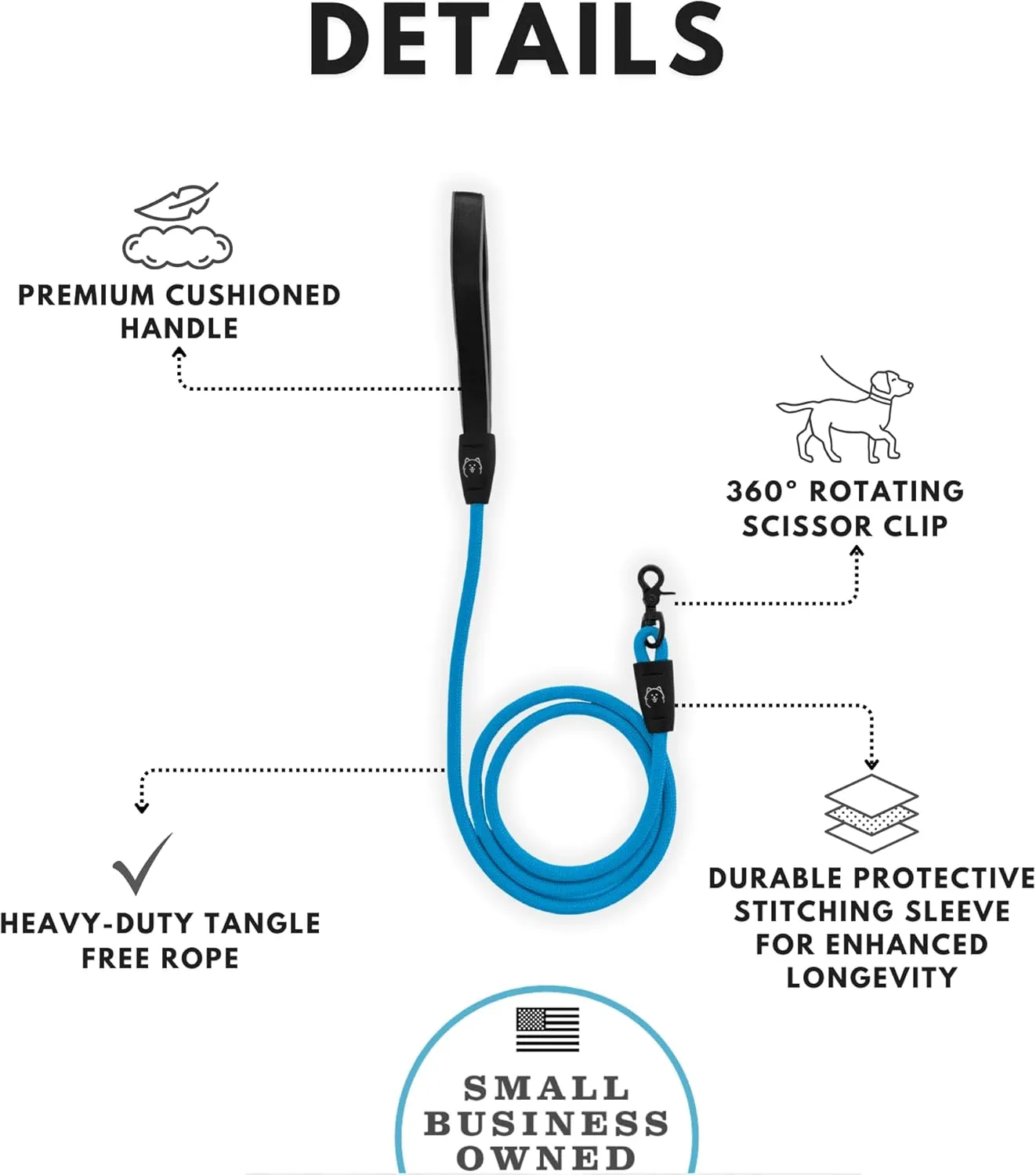 ShawnCo Basecamp Rope Dog Leash- Premium, Durable Pet Leash with Soft Neoprene Padded, Reflective Handle for Small, Medium and Large Dogs (Oceanic Blue, 5 Feet)