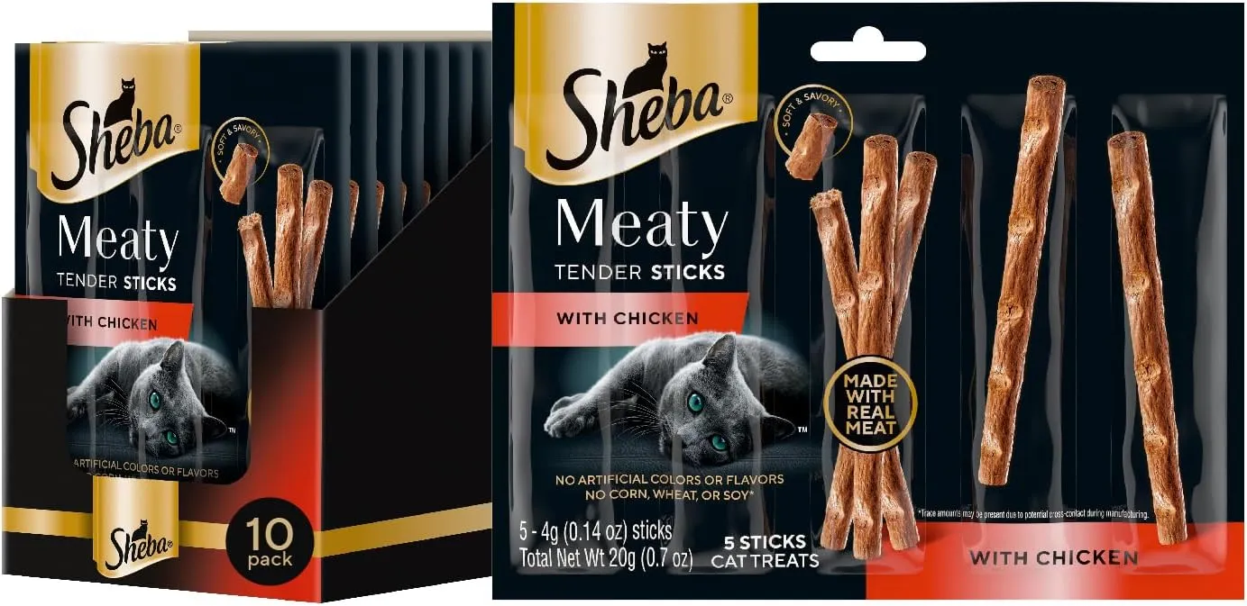 Sheba Meaty Tender Sticks Soft Cat Treats with Chicken, 0.14 oz., 5 Count (Pack of 10)